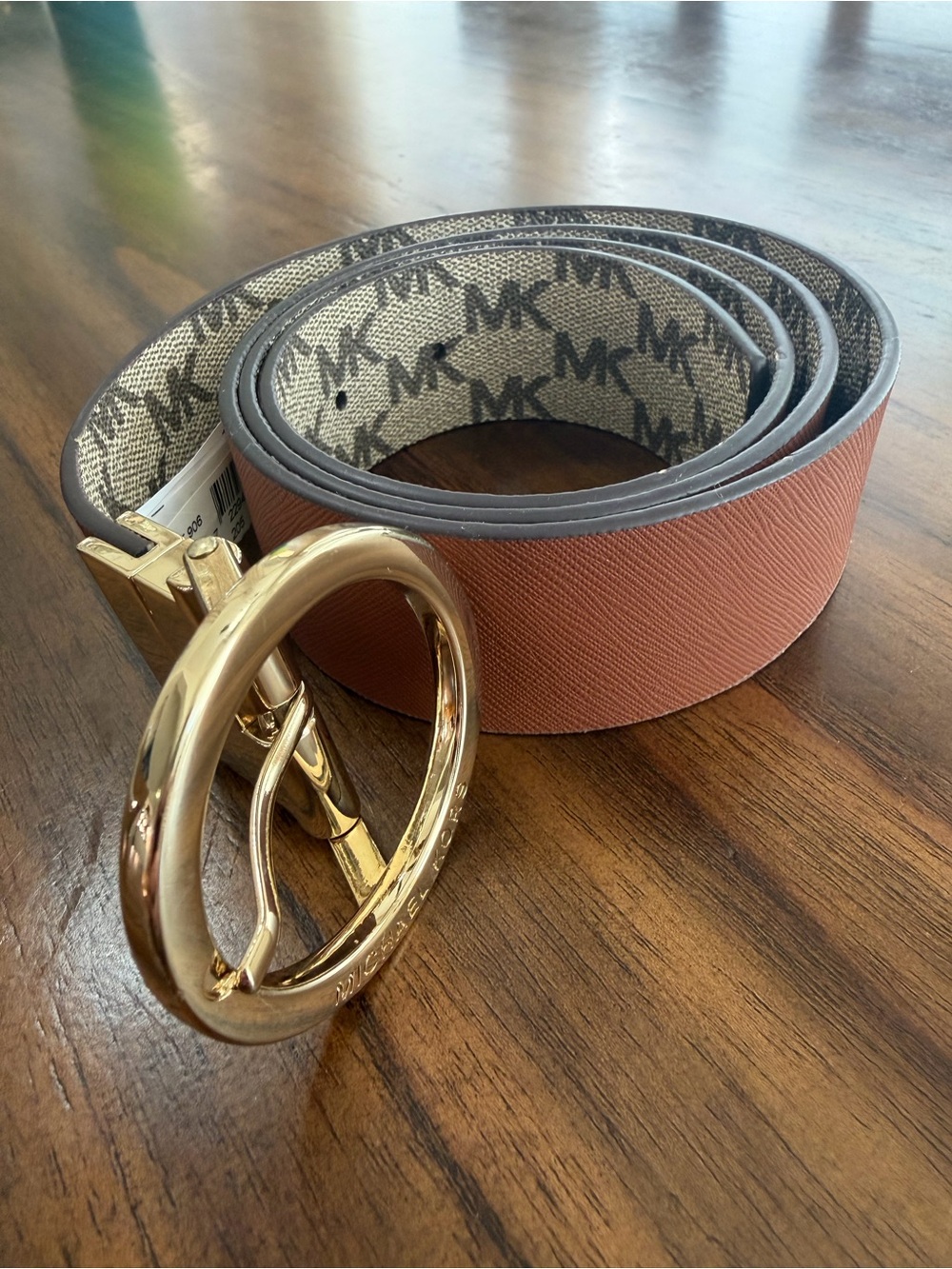 Michael Kors Brown Leather Reversible MK Logo Belt with Gold Buckle